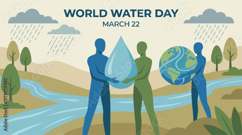 World Water Day illustration with people, water droplet, and earth