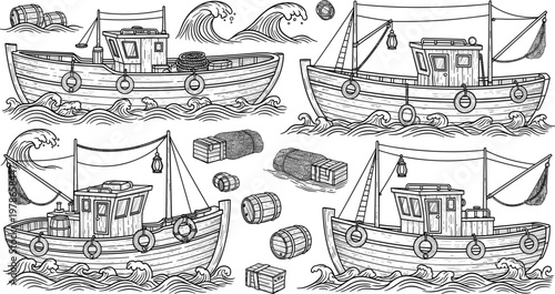 Vintage Fishing Boat Line Art Illustration Set with Wooden Ships, Sea Waves, Nets, Barrels, and Maritime Elements for Nautical Design