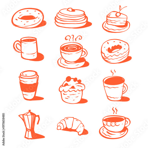 Hand drawn breakfast and coffee icons set with pastries drinks and cafe elements