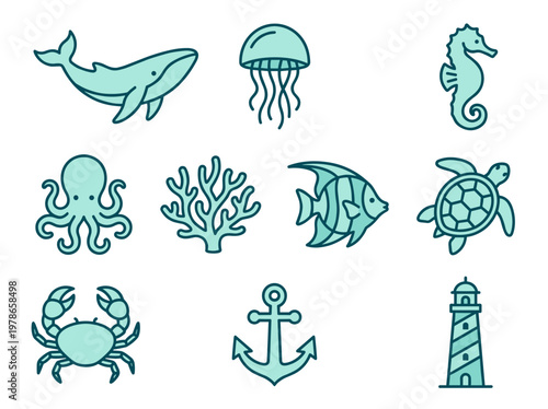 Ocean icons collection featuring whale, seahorse, octopus, turtle, and anchor in marine flat style