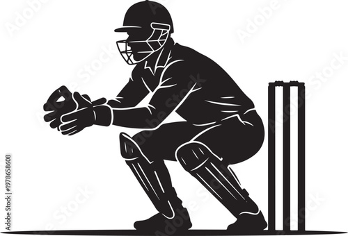 Baseball catcher in ready position with stumps during game silhouette