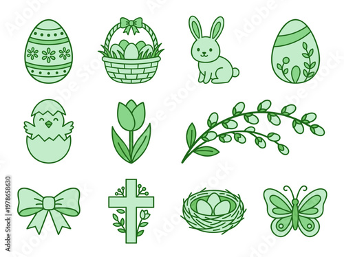 Easter icon collection featuring bunny, painted egg, basket, chick, and spring butterfly on white