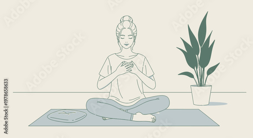 Minimalist yoga woman line art vector illustration, serene meditating female in lotus pose on mat with potted plant. pastel beige and sage wellness design for spa branding