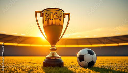 A shiny trophy with the year 2026 engraved on it sits next to a soccer ball on a grassy field at sunset