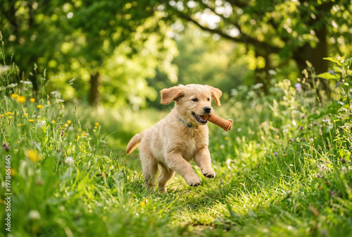 Cute golden retriever puppy playing in sunny park with soft light