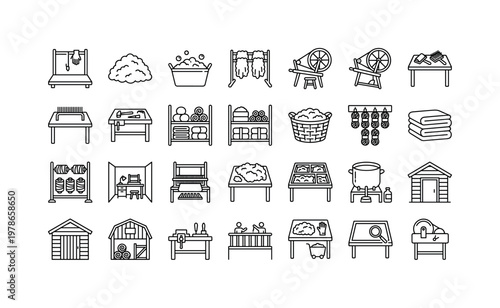 Wool environments with shearing stations, washing tubs, drying racks, spinning areas, and textile workspaces clean monoline