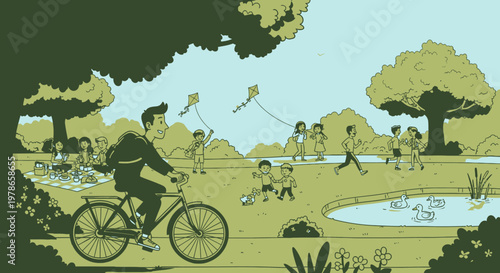Retro flat vector landscape illustration, cyclist riding bicycle in park by lake with trees and birds. Green and beige nature scenery background, vintage outdoor travel poster design