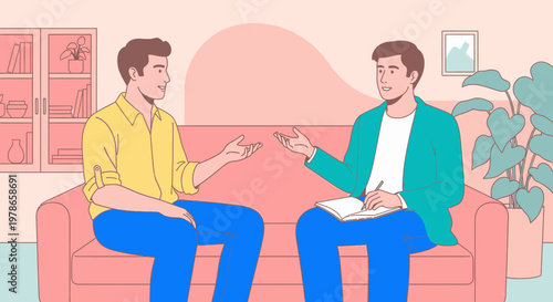 Flat vector counseling session on sofa, psychologist and client talking with notes in hands. Mental health therapy consultation in pastel pink living room interior for wellness