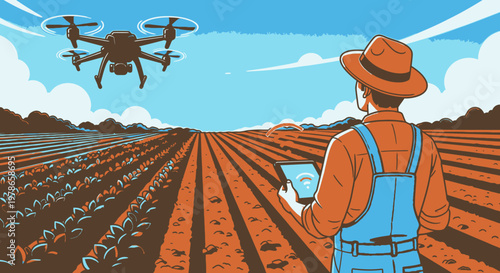 Vintage style farmer with tablet in crop field, precision agriculture vector illustration in orange and blue. Rural agribusiness landscape with drone and irrigation lines