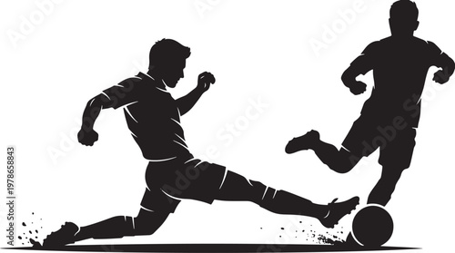 Silhouette of two soccer players competing in dramatic low-light match