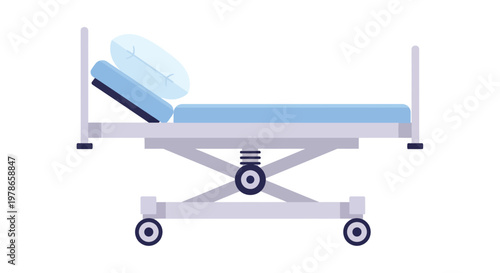 A hospital bed with wheels and a blue mattress is positioned against a white background
