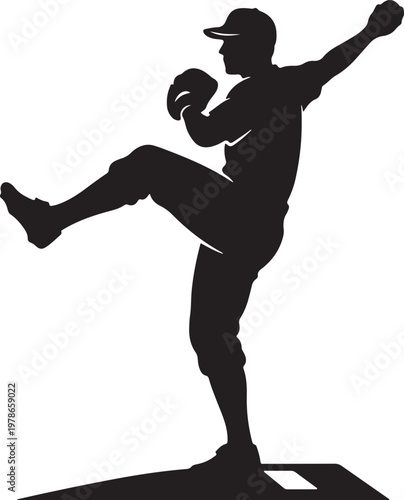 Baseball pitcher in mid-throw dynamic black silhouette on white background