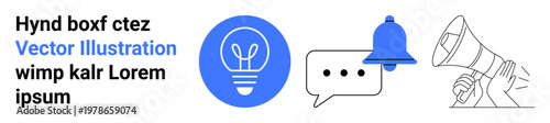 Digital communication, notifications, business messaging, online alerts, media announcements, idea sharing. Icons of a light bulb, bell speech bubble and megaphone. Communication and notifications