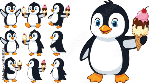 Cute Cartoon Penguin Character with Ice Cream Cone, Playful Pose, and Happy Expression for Kids, Animals, and Summer Themed Designs