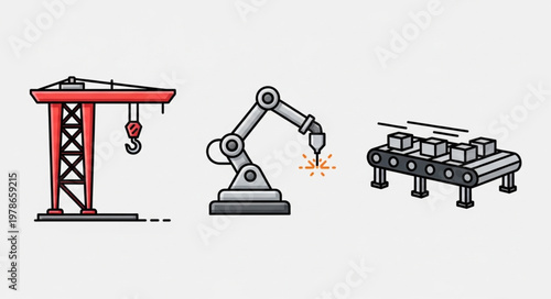 Industrial equipment icons including crane robot arm and conveyor belt.
