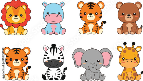 Set of Cute Cartoon Animal Characters Including Lion, Tiger, Zebra, Elephant, Hippo, and Giraffe for Kids, Nursery, and Baby Themed Designs