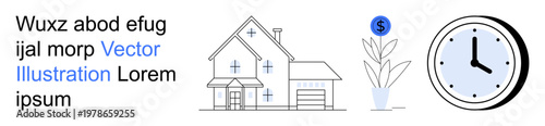 Real estate investment, financial growth, time management, home savings, economic planning, modern housing. Line art house, clock plant with dollar symbol. Financial growth and real estate concept