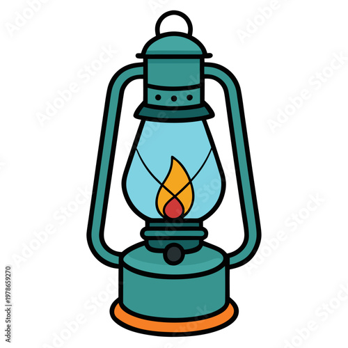 A teal vintage kerosene lantern with a lit orange flame inside a glass chimney stands vertically against a solid white background.
