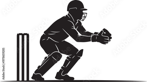Baseball catcher in ready position on field during daytime play