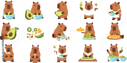 Cute capybara cooking and eating food illustration set with avocado, salad and snacks, adorable animal character collection in flat vector style isolated on transparent background