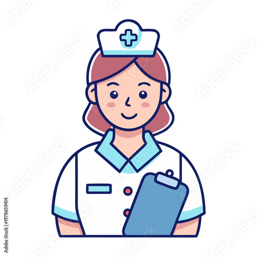 Nurse with clipboard icon, minimal line style, white background, medical uniform, clean vector