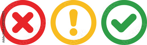 Round icon set, clean vector buttons featuring cross x mark warning exclamation and check mark approval symbols arranged on a white background for interface design.