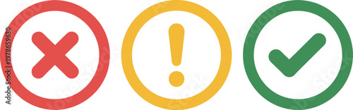 Round icon set, vector collection of x mark exclamation point and check mark symbols in minimal button style on white background for UI and design.