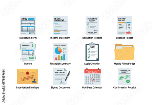 Tax filing documents with tax return form, income statement, deduction receipt, expense report, invoice stack, financial summary,