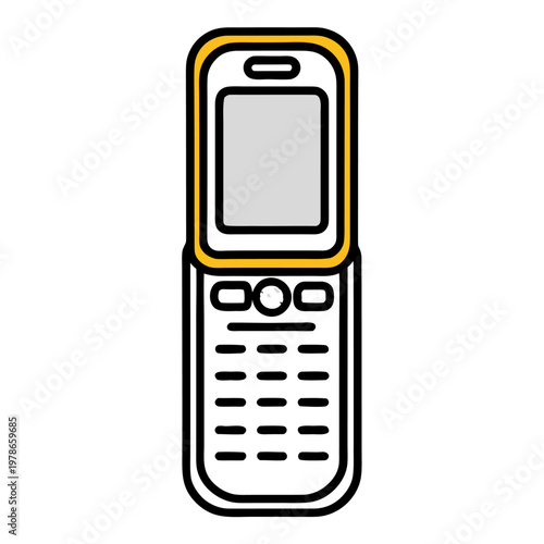 A black and white vector outline of an open flip phone with a yellow-gold highlight on the hinge is shown on a plain white background.