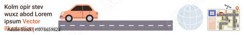 Transportation, navigation, travel planning, road safety, global positioning, digital maps. Orange car on road, navigation map global icon. Transportation and navigation concepts