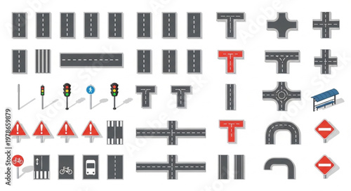 Collection of Road Elements and Traffic Signs.