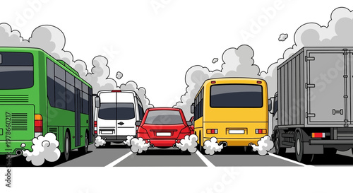 Retro flat vector traffic jam illustration, colorful city road with cars trucks and bus, urban transport congestion scene for infographic, web banner, poster and app UI