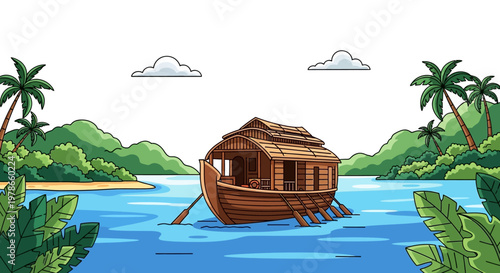 Tropical river landscape vector illustration, wooden longtail boat on calm blue water with palm trees and jungle, cartoon nature scenery for travel poster, web banner