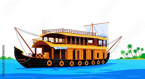 Traditional wooden dhow houseboat vector illustration, orange and brown boat on blue sea with palm trees and sky, nautical travel poster style graphic for tourism ads and banners