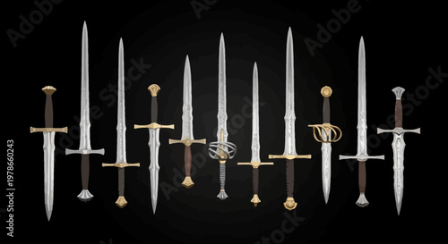 Medieval swords collection vector, realistic steel blades with gold crossguards and pommels on dark background, weapon icon set for fantasy game UI, heraldry, history design