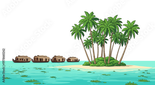 Tropical island vector illustration, palm tree oasis on turquoise sea with small huts. Summer beach landscape clipart in flat cartoon style, travel vacation paradise banner background