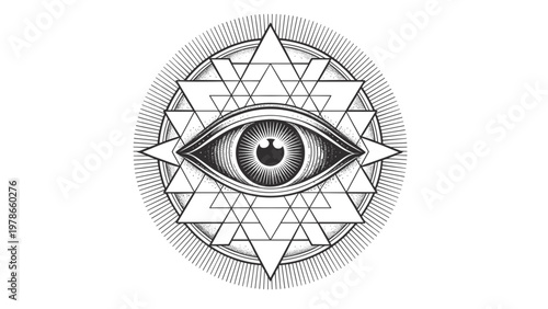 Intricate sacred geometry mandala with central symbolic eye, textured linework, dot shading, and symmetrical triangular elements