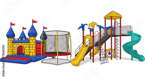 Colorful playground equipment vector illustration, outdoor play area with slides and climbing frame, inflatable bounce castle and trampoline, kids recreation park design