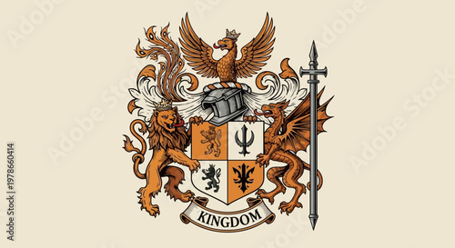 Heraldic coat of arms vector emblem, medieval shield with crown and winged griffins in orange and black, ornate crest logo for kingdom royalty branding, tattoo and print