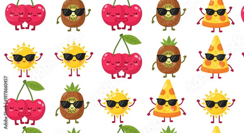 Cartoon fruits wear sunglasses in a fun pattern on a white background