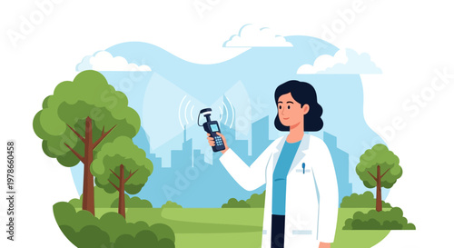 Flat vector doctor holding syringe in outdoor park, medical professional in white lab coat and stethoscope. Healthcare vaccination concept illustration for clinic, immunity campaign