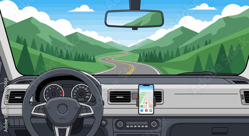 Flat vector car interior dashboard, steering wheel cockpit view with GPS phone mount. Cartoon driving POV on mountain road landscape, modern automobile cabin illustration for travel apps