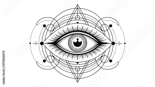 Mystical black and white eye illustration enclosed within symmetrical geometric mandala shapes and finely detailed line art textures