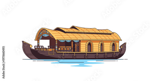 Vintage houseboat vector illustration, wooden floating home on river with roof deck and windows, retro riverboat barge icon in warm brown colors for travel, tourism branding