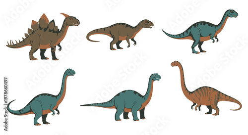 Cartoon dinosaur silhouettes vector set, cute prehistoric reptiles in flat brown and teal, kid friendly dino collection for children posters, education, stickers and games