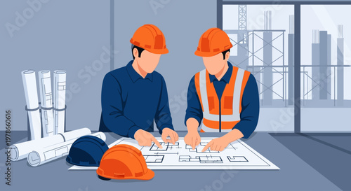 Two construction workers in hard hats review blueprints on a table indoors.