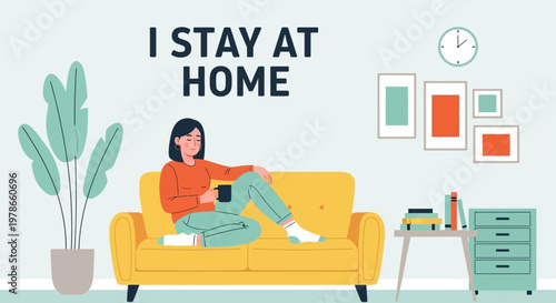 Woman relaxing on a yellow couch at home with a plant and books nearby