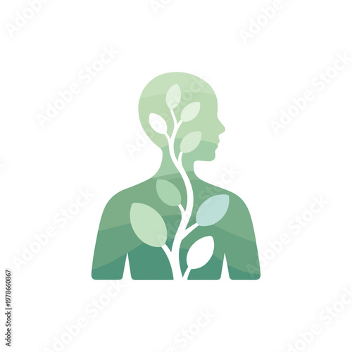Abstract environmental symbol featuring a person whose arms become branches with green leaves.