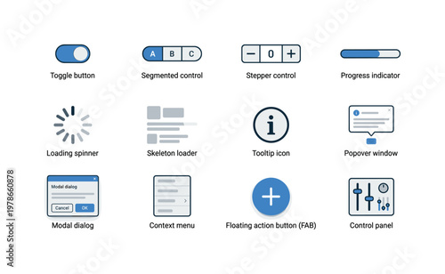 Advanced UI controls with toggle buttons, segmented control, stepper control, progress indicator, loading spinner, skeleton loader