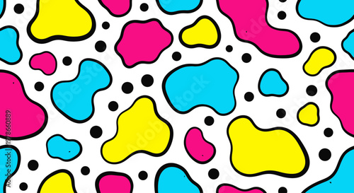 Vibrant abstract pattern of colorful shapes and dots on white background